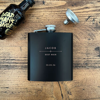 Personalised Modern Engraved Black Metal Hip Flask Wedding, Groomsmen And Birthday Gift, 11 of 11