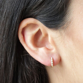 Pearl Studded Huggie Hoop Earrings In Gold Plating, 3 of 4