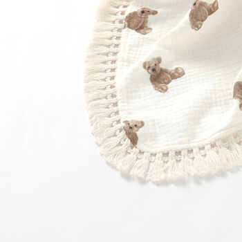 Teddy Bear Organic Cotton Muslin Tassel Baby Blanket, 2 of 3
