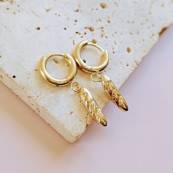 Baguette Charm Gold Plated Huggie Hoop Earrings, 4 of 5