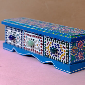 Three Drawer Blue Mosaic Wooden Spice Box, 2 of 6