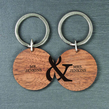 Personalised Couples Set Of Two Walnut Wood Keyrings, 4 of 4