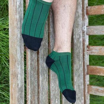 Pin Stripe Green And Oxford Stripe Men's Trainer Socks, 9 of 9
