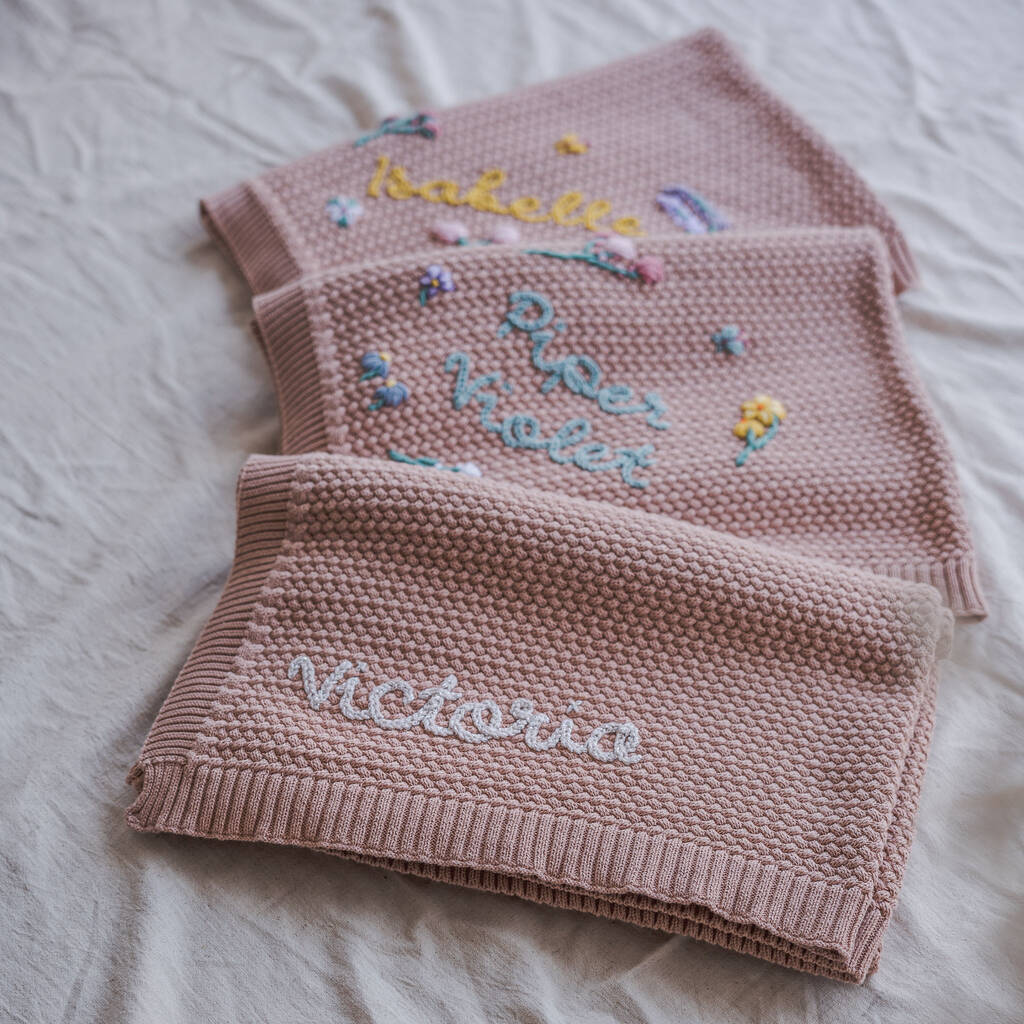Hand Embroidered Baby Name Blanket By Polly Wren Studios