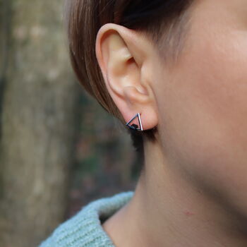 Silver Triangle Stud Earrings With Moving Black Cube, 2 of 4