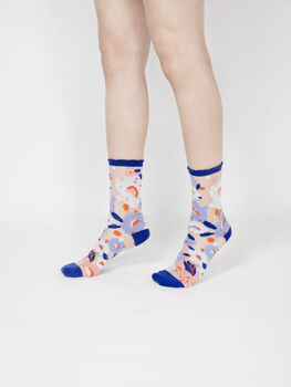 Flower Garden Sheer Socks Blue Cuff, 2 of 4