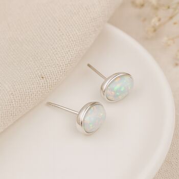 White Opal Oval Stud Earrings In Sterling Silver – 7mm, 2 of 11
