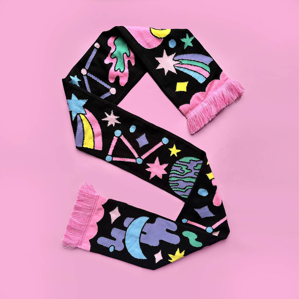 Celestial Space Illustrated Knitted Winter Scarf, 1 of 6