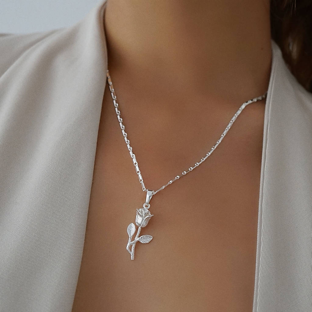 Original Quality Silver Rose Flower Pendant Necklace 