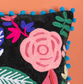 Black Floral Embroidered Cotton Velvet Cushion, 4 of 8