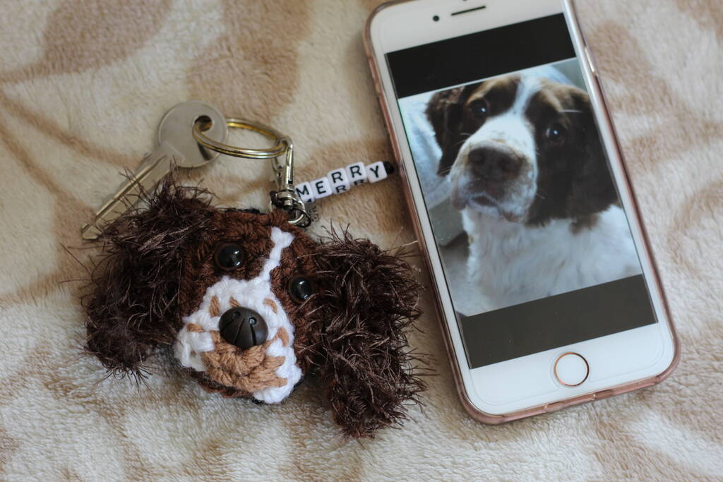 personalised crochet 2d dog face keyring letterbox gift by lovingly
