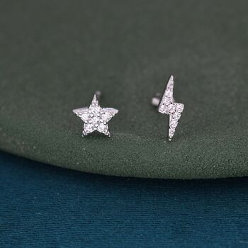 Mismatched Tiny Cz Star Lightning Bolt Stud Earrings, 4 of 8