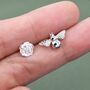 Sterling Silver Bee And Flower Stud Earrings, thumbnail 3 of 6