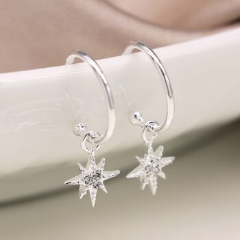 Sterling Silver Star Charm Half Hoop Stud Earrings, 2 of 5