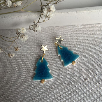 Handcrafted Ceramic Blue Christmas Tree Earrings, 5 of 7