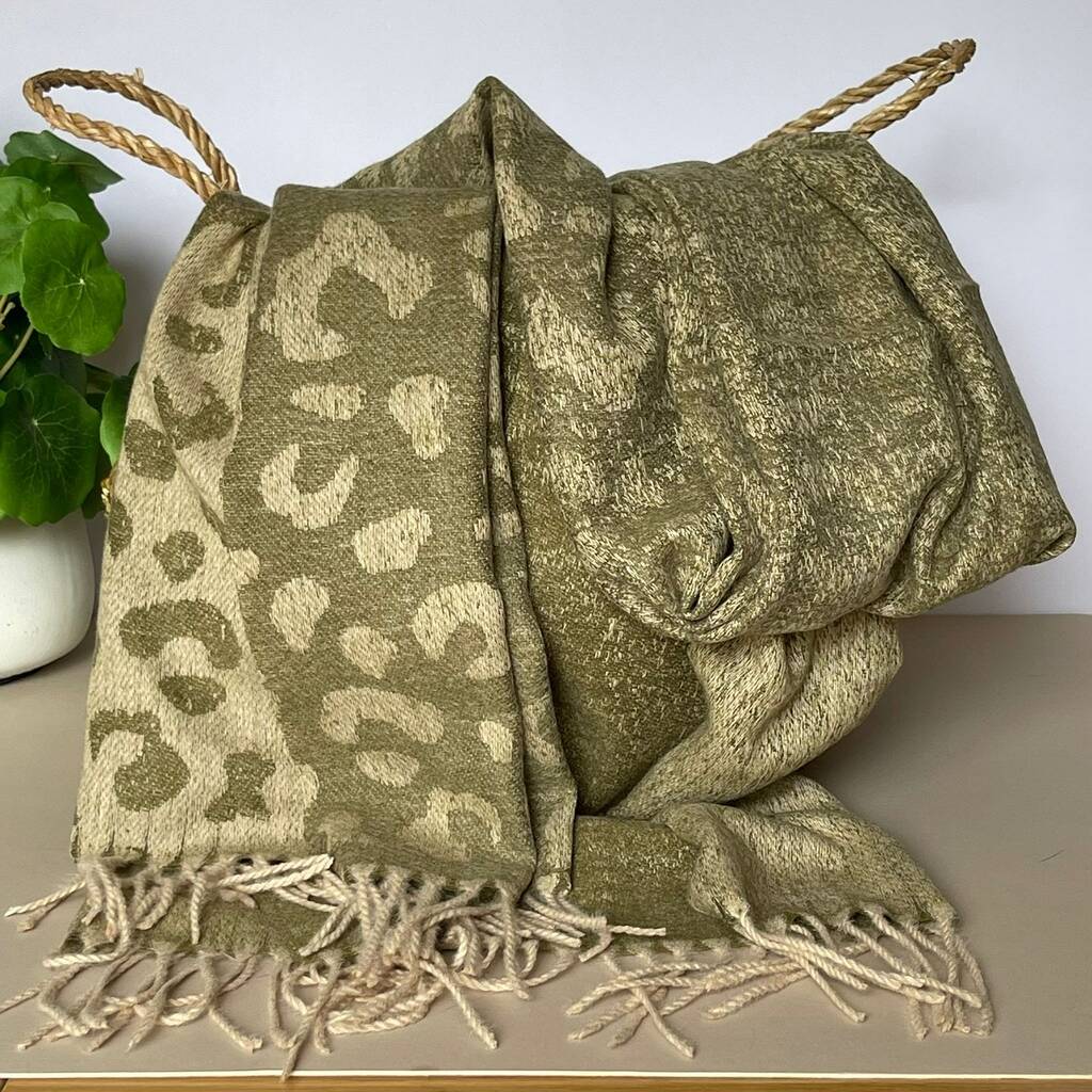 Leopard Print Blanket Scarf In Khaki By Nest Gifts