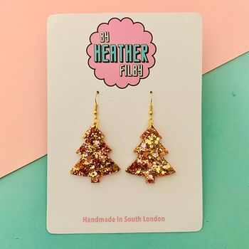 Caramel Swirl / Gold And Pink Glitter Christmas Tree Earrings, 9 of 10