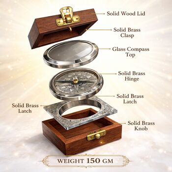 Vintage Brass Compass With Wooden Box And Engraved Quote, 6 of 12
