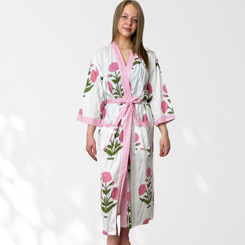 White And Pink Flower Print Cotton Dressing Gown Kimono, 10 of 10
