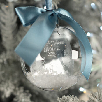 Round Glass Couple's Christmas Snow Filled Tree Bauble Decoration, 3 of 7