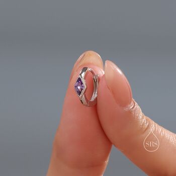 Sterling Silver Tiny Rhombus Amethyst Purple Cz Huggie Hoop, 3 of 12