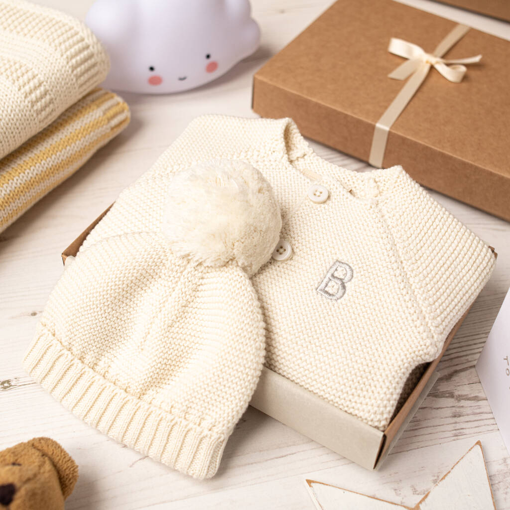 Luxury Cream Bobble Hat And Cardigan Baby Gift Box, 1 of 11