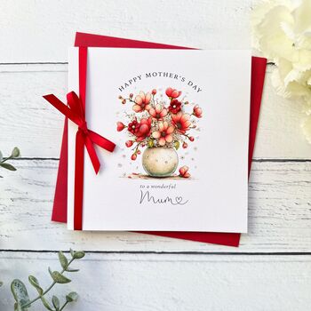 Handmade Floral Mother's Day Card: Red Vase Of Flowers Design, 3 of 4