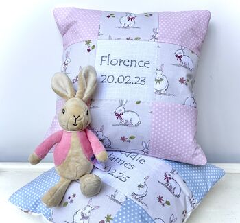 Nursery Bunny Name And Date Cushion, 4 of 9