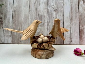 Wooden Bird Ornament Love Birds On Nest With Mushroom, 9 of 9