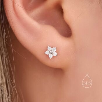 Sterling Silver Asymmetric Forget Me Not Flower Bouquet Cz Stud Earrings, 4 of 12
