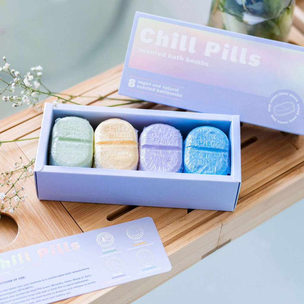 Set Of Eight Chill Pill Scented Bath Bombs, 1 of 2