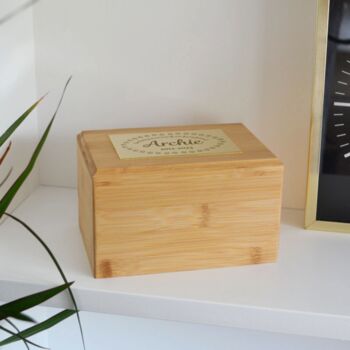 Personalised Bamboo Urn For Pets With Engraved Brass Effect Plaque, 2 of 4