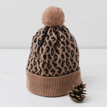 Lambswool Knitted Leopard Pom Pom Hat, 4 of 12