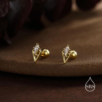 Sterling Silver Art Deco Inspired Tiny Rhombus Cz Screw Back Earrings, 3 of 11