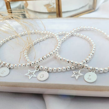 Sterling Silver Personalised Open Star Charm Initial Stretch Bracelet, 7 of 9