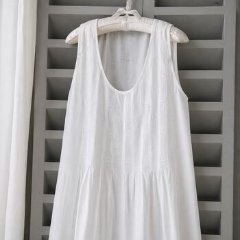 Womens White Sleeveless Cotton Embroidered Nightdress Lizzie, 3 of 8