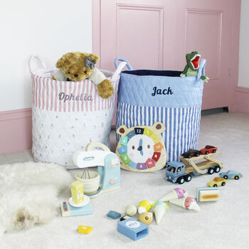Personalised Blue Stripe Base Quilted Toy Bag, 2 of 2