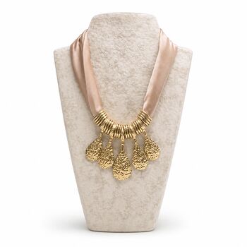 Satin Tie Striking Teardrop Necklace With Textured Gold Pendants, 3 of 7