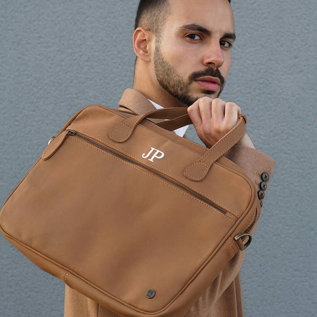 Personalised Leather Compact Laptop Satchel In Camel, 1 of 10