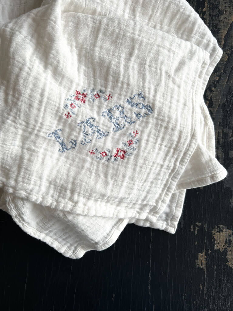 Cross Stitch Muslin Personalised Blue, 1 of 2