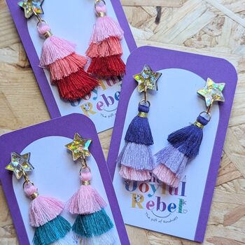Green Tassel Dangly Christmas Star Earrings, 3 of 4