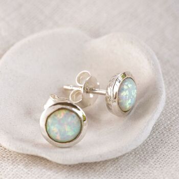 Round White Opal Silver Stud Earrings, 3 of 10