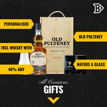 Personalised Old Pulteney Whiskey Gift Set With Glencairn Glass And Larkfire Water, 2 of 4