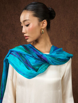 100% Mulberry Silk Scarf, Turquoise And Peacock Blue In Gift Box, 2 of 11