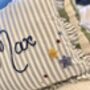 Hand Embroidered Personalised Cushion Blue Stripe With Frill Trim, thumbnail 8 of 8