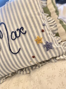 Hand Embroidered Personalised Cushion Blue Stripe With Frill Trim, 8 of 8