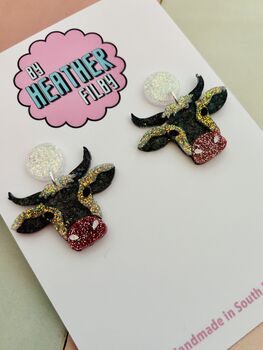 Cow Glitter Resin Earrings / Farm Animal Gift / Cute Statement Jewellery / Country Girl Accessories, 4 of 5
