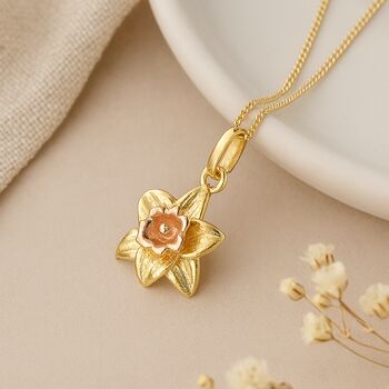 Personalised Daffodil Pendant In Gold Plated Silver – March Birth Flower, 3 of 8