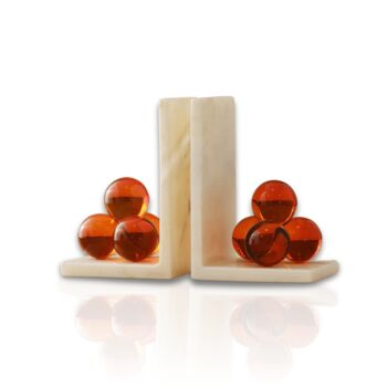 Set Of Two Marble Bookends With Amber Crystal Spheres, 2 of 2