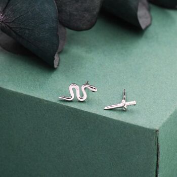 Mismatched Snake And Sword Stud Earrings In Sterling Silver, 5 of 11